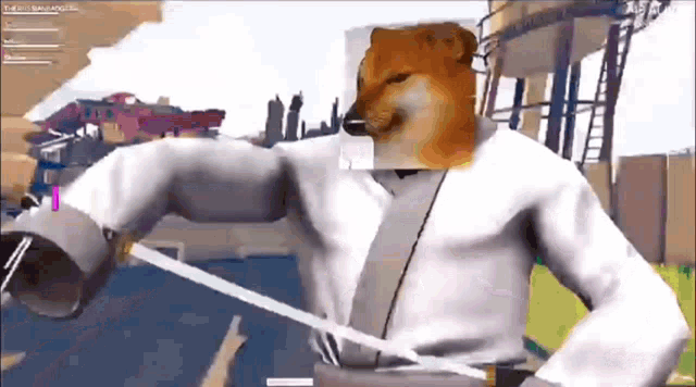 a video game character with a doge head on his head .
