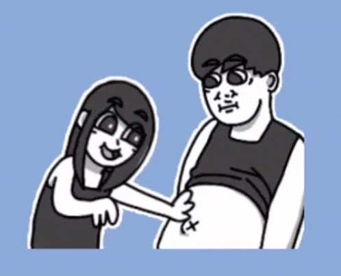 a cartoon of a woman touching a man 's belly with the number 36 on it