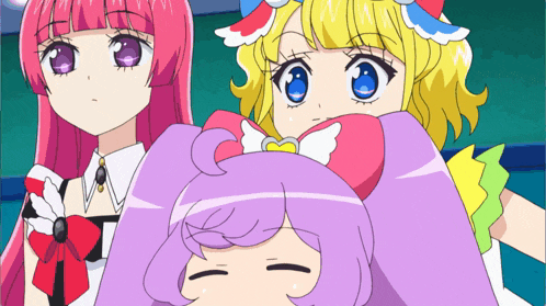 three anime girls are standing next to each other and one of them has a heart on her head