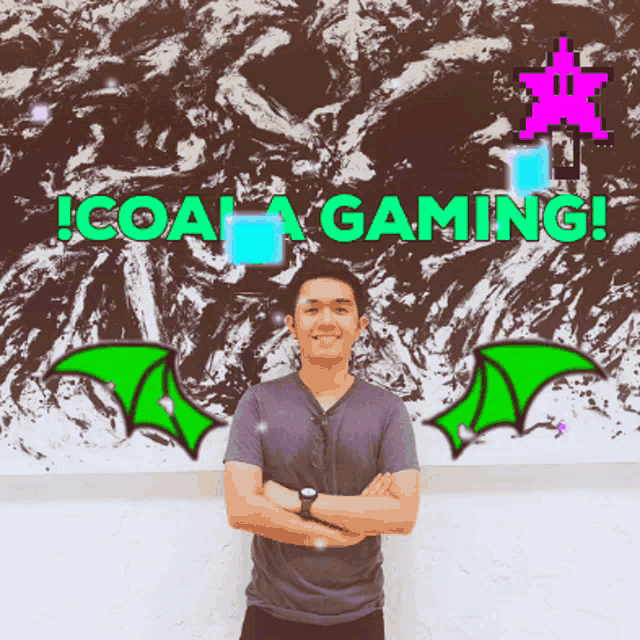a man with his arms crossed stands in front of a sign that says coal gaming
