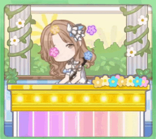 a cartoon girl with flowers in her hair is sitting on a table .