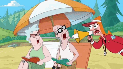 a cartoon of a woman holding a megaphone next to two older men