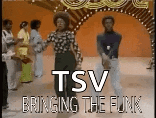 a group of people are dancing in a room with the words `` tsv bringing the funk '' on the bottom .