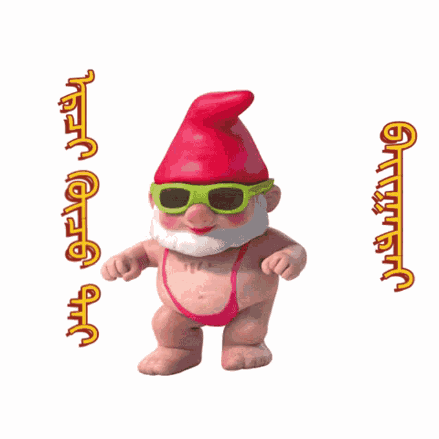 a cartoon gnome wearing sunglasses and a pink bikini top