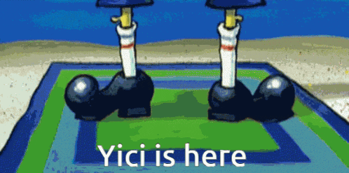 a cartoon character standing on a rug with the words " yici is here "