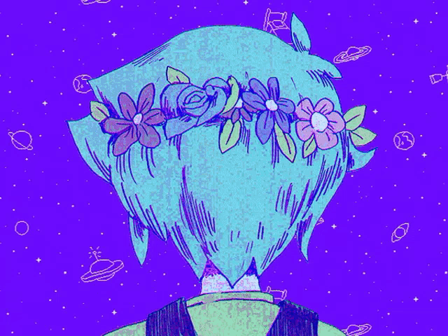 a drawing of a boy with blue hair and flowers in his hair