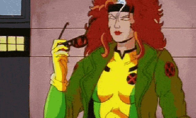 a cartoon character with red hair is wearing sunglasses and a green jacket