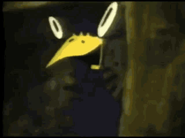 a cartoon bird with a yellow beak and white eyes is standing next to a tree trunk .