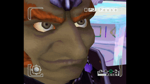 a close up of a video game character with a pause button above it