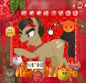 a pixel art of a pony with headphones and a speech bubble that says " f * ck you "