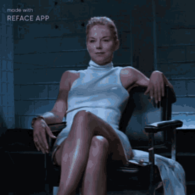 a woman in a white dress is sitting in a chair with her legs crossed made with reface app