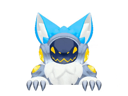 a cartoon character with blue ears and a yellow face is sitting on a white background .