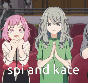 a couple of anime girls standing next to each other with the words spi and kate in the corner
