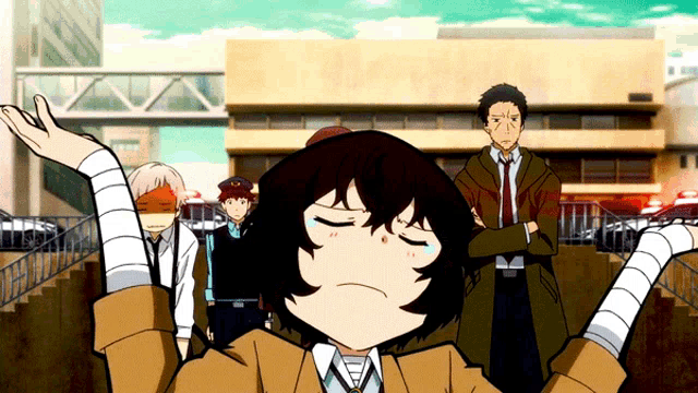 a cartoon character with a bandaged arm is standing in front of a group of men