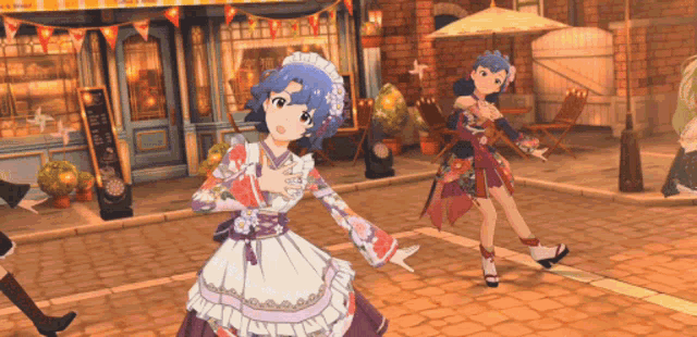 a girl in a maid outfit is dancing in front of a store