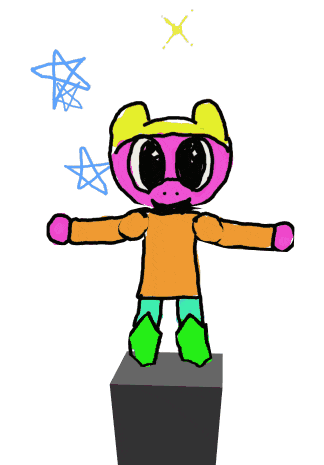 a drawing of a pink bear wearing a yellow hat and orange shirt