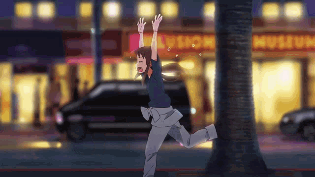 a girl is running in front of a restaurant that says lunch hut