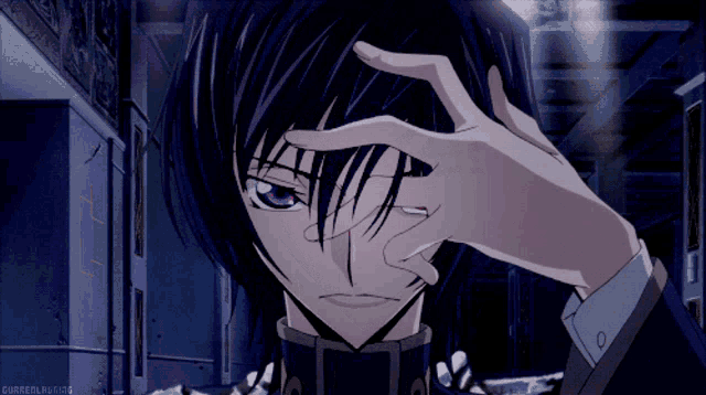 a man with purple eyes is covering his face with his hand and the words cursedlegacy 2 are below him