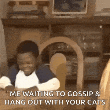 a young boy is sitting at a table waiting to gossip and hang out with his cat .