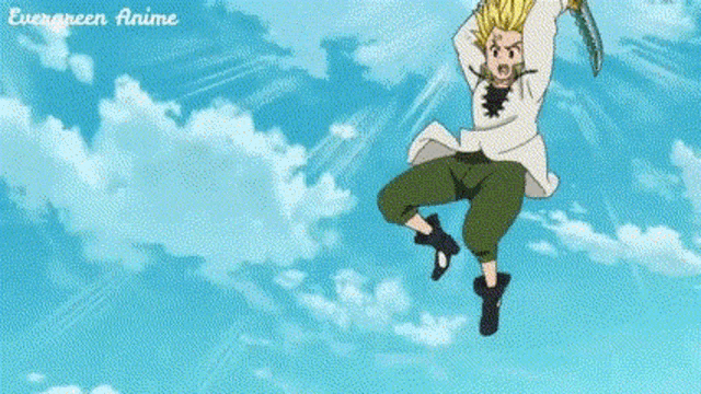 a man in a white shirt and green pants is jumping in the air while holding a sword .