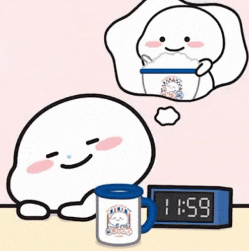 a cartoon character is sitting at a table with a mug and a clock that says 11:59