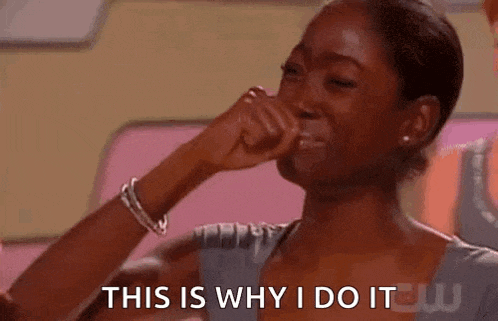 a woman is crying and covering her face with her hand while saying `` this is why i do it '' .