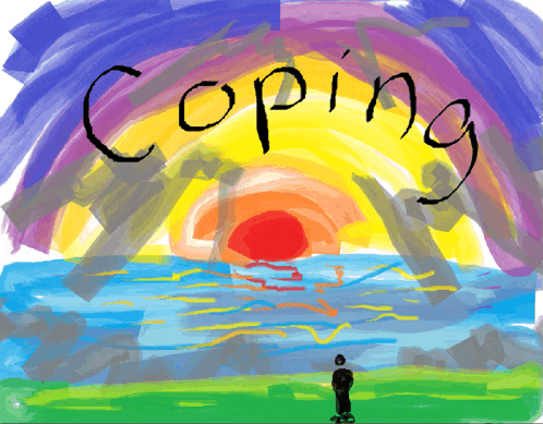a painting of a sunset with the word coping in black