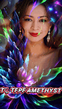 a woman is surrounded by colorful flowers and the words " tg tepfamethyst " are below her