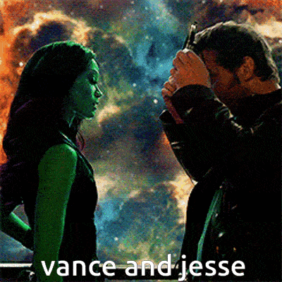 a man and a woman are standing next to each other and the words vance and jesse are above them