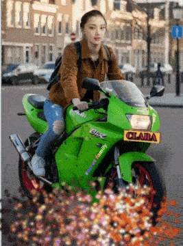 a girl is riding a green motorcycle with a yellow license plate that says clara