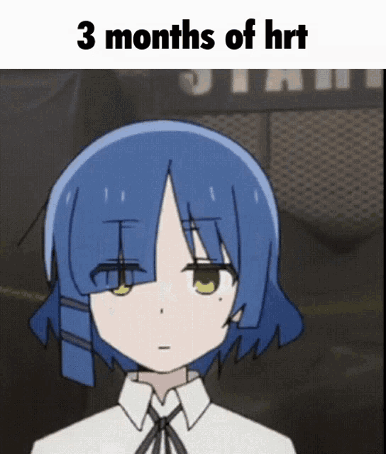 a picture of a girl with blue hair and the words 3 months of hrt on the bottom
