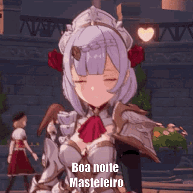 a video game character with purple hair and a red bow tie says boa noite masteleiro