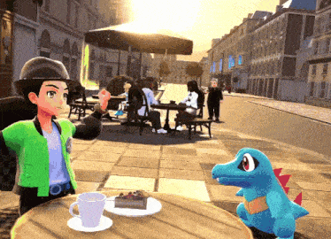 a cartoon character is sitting at a table with a cup of coffee and a cake