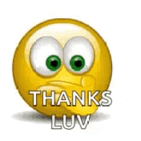 a smiley face with green eyes is holding a heart and saying `` thanks luv '' .