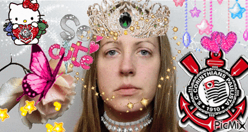 a girl with a crown on her head and a corinthians logo in the background