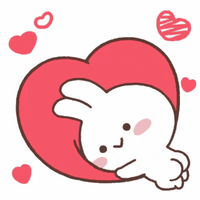 a cartoon bunny is laying on a heart shaped pillow surrounded by hearts .