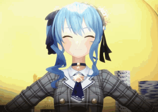 a girl with blue hair and a plaid shirt smiles