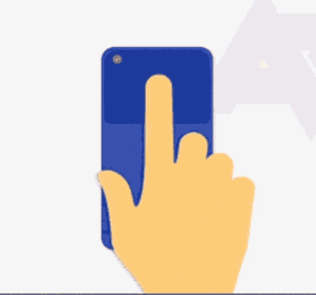 a hand is pointing at a blue cell phone with a white background