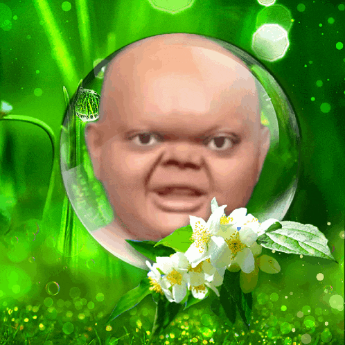 a picture of a baby 's head in a bubble with flowers in the background