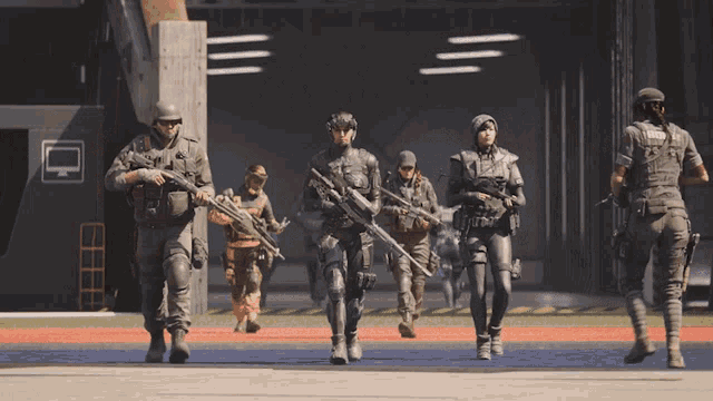 a group of soldiers are walking in a line and one of them is wearing a uniform that says police