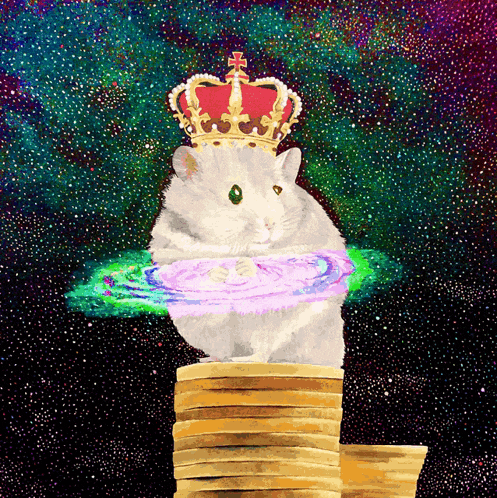 a painting of a hamster wearing a crown sitting on a pile of gold coins