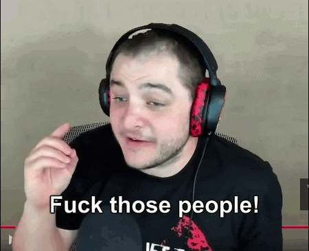a man wearing headphones and a black shirt says fuck those people