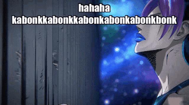 a cartoon of a woman with purple hair and the words hahaha kabonkkabonkkabonkabonkbonk on the bottom