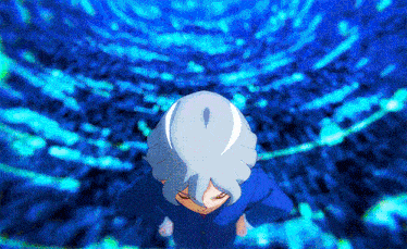 a cartoon character with white hair and a blue shirt is looking up at something