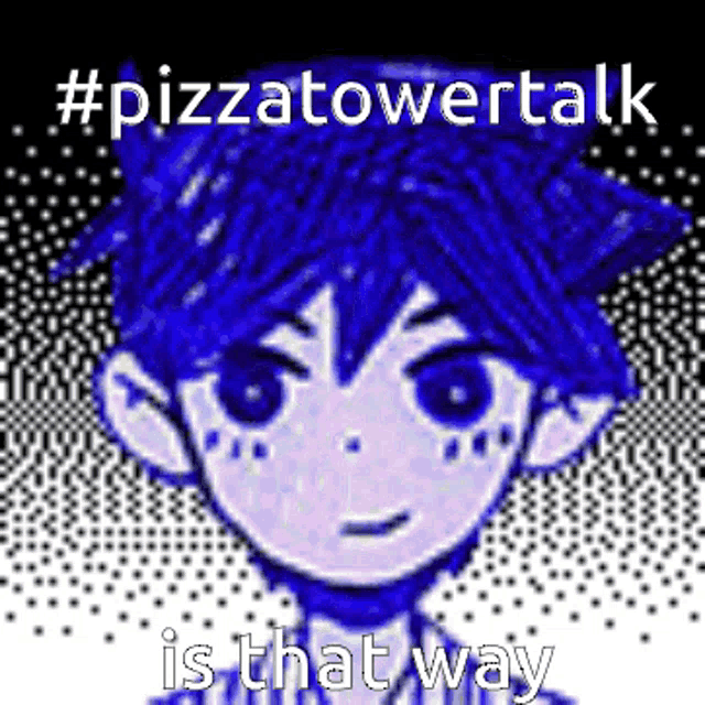 a pixel art of a boy with blue hair and the words pizzatowertalk is that way .