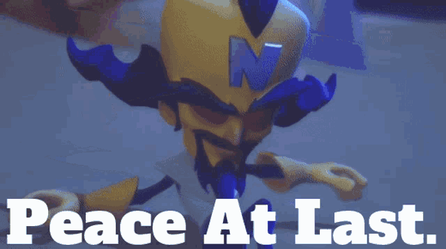 a picture of a video game character with the words peace at last below it