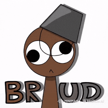 a cartoon character with a bucket on his head and the word brudd on the bottom