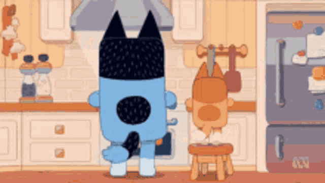 a cartoon cat is standing in a kitchen next to a dog and a refrigerator