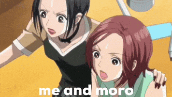 a couple of anime girls standing next to each other with the words `` me and moro '' written on the bottom of the image .