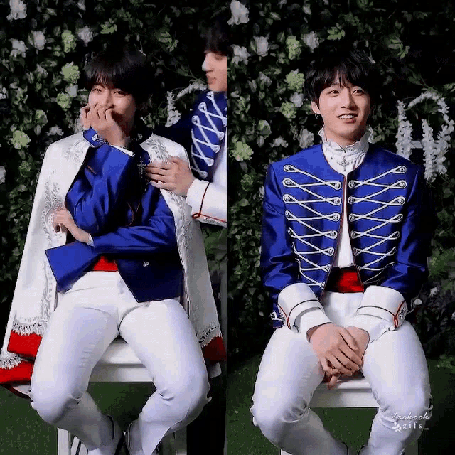 a man in a blue jacket and white pants is sitting on a chair with his hands folded .